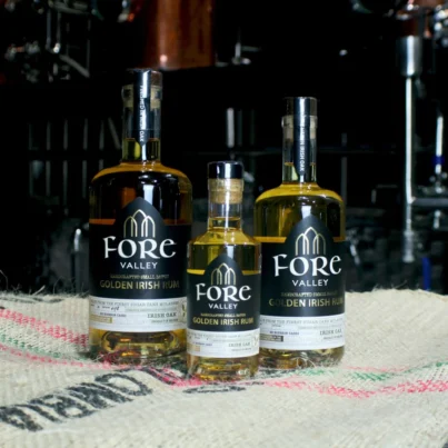 Bottles of Fore Valley Golden Irish Rum of different sizes